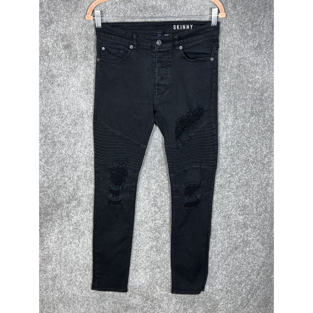 H&M Divided Skinny Jeans Mens Sz 29x32 Black Moto Distressed Stretch Button Fly